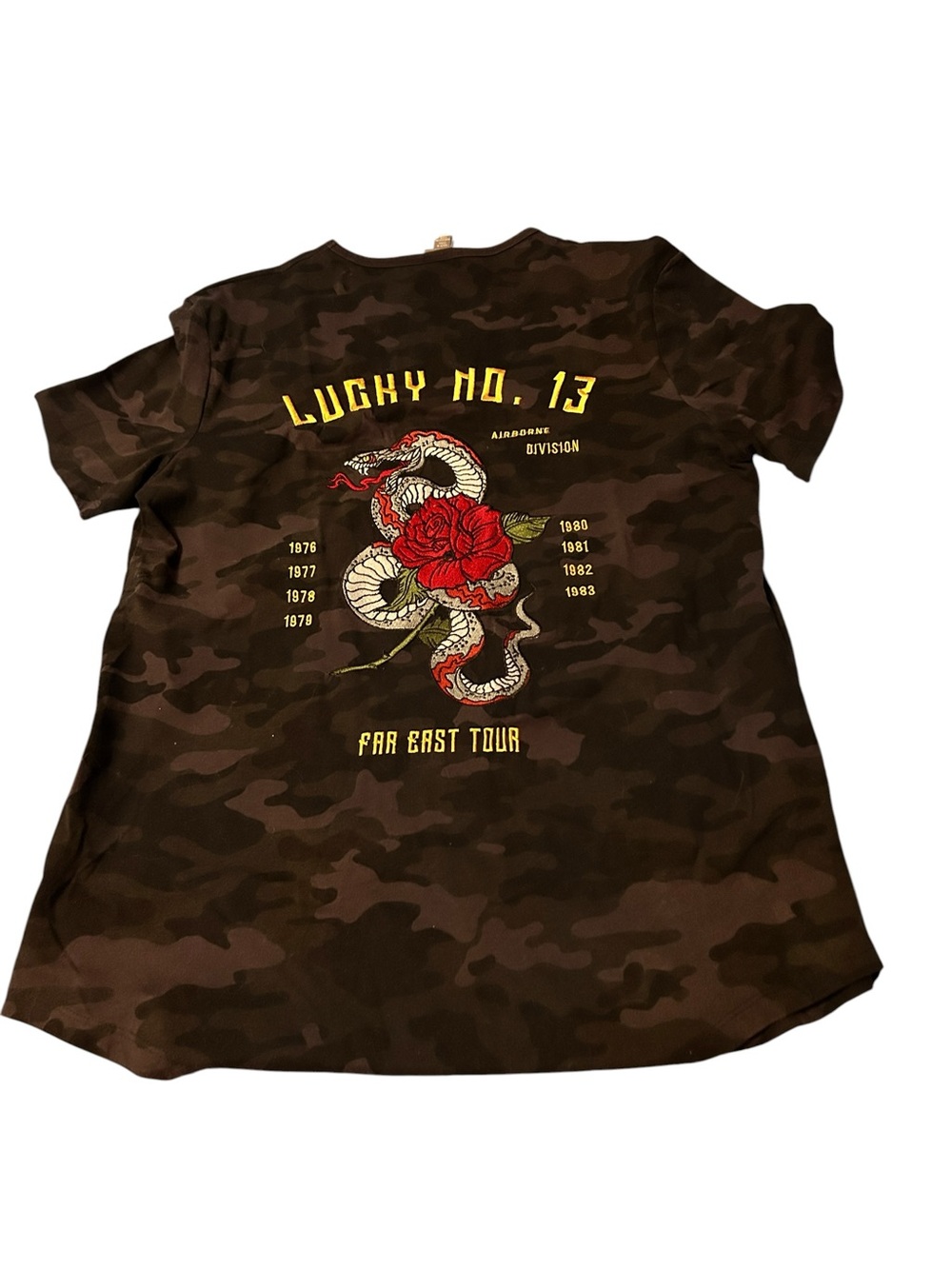 Lucky No. 13 Camo Tee with Snake & Rose Graphic patch